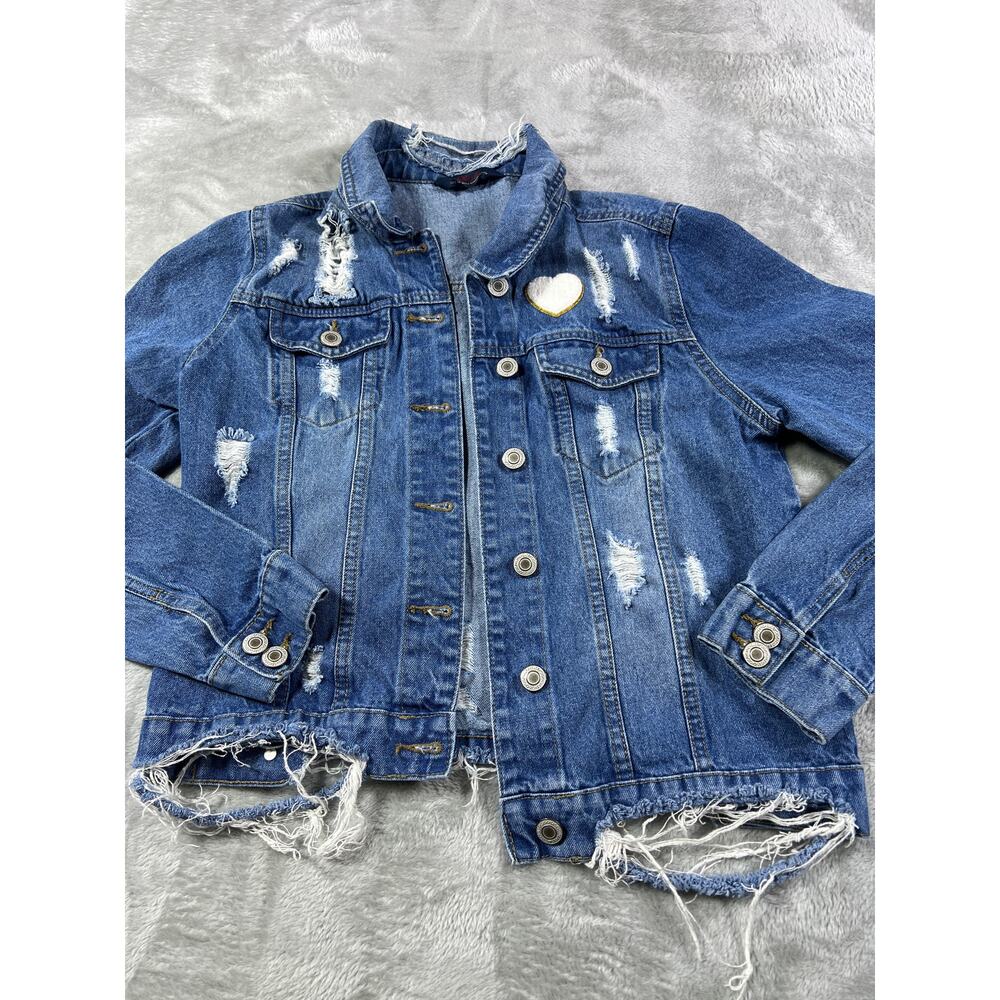 Excuse Distressed Denim Jacket Women Medium Edgy Rocker Moto Style Biker - Picture 7 of 9
